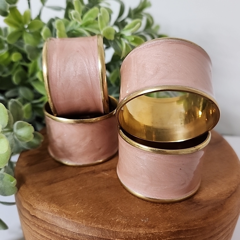 Set 4 Vintage Brass Pink Swirl Enamel Napkin Rings India Boho Chic Cottagecore